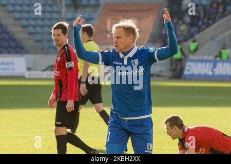 Sören Bertram von Magdeburg Gesten während der 3. Bundesliga-Spiel zwischen 1. FC Magdeburg und Chemnitzer FC in der MDCC-Arena am 15. Februar 2020 in Magdeburg (Foto: Peter Niedung/NurPhoto) Stockfoto