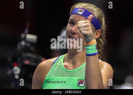 Kiki Bertens aus den Niederlanden reagiert nach dem Gewinn des ATP-Tennisturnier-Finalmatches der St. Petersburg Ladies Trophy in St. Petersburg, Russland, 16. Februar 2020 (Foto: Igor Russak/NurPhoto) Stockfoto