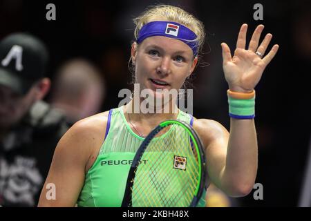 Kiki Bertens aus den Niederlanden reagiert nach dem Gewinn des ATP-Tennisturnier-Finalmatches der St. Petersburg Ladies Trophy in St. Petersburg, Russland, 16. Februar 2020 (Foto: Igor Russak/NurPhoto) Stockfoto