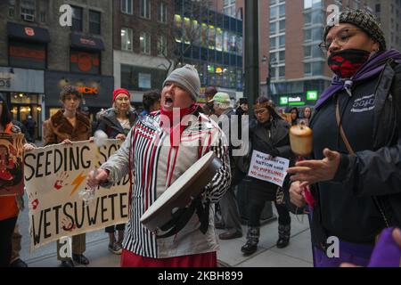 Demonstranten demonstrieren vor dem kanadischen Konsulat in New York City, 18. Februar 2020. Die Aktion ist eine Reaktion auf die Bedrohung, mit der die Menschen von Wet'suwet'en Nation konfrontiert sind, als sie sich gegen eine Gaspipeline wehren, die durch ihr Territorium in British Columbia, Kanada, gebaut werden soll. (Foto von Aidan Loughran/NurPhoto) Stockfoto