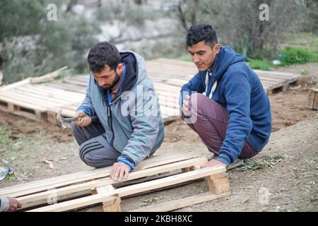 Asylbewerber aus Afghanistan bauen im provisorischen Lager außerhalb des offiziellen Flüchtlingslagers Moria ein neues Zelt. Die neuen Zelte werden in einem Olivenhain gebaut, nachdem Olivenbäume mit flachen Paletten und Plastik herum verbrannt und geschnitten wurden, da das offizielle Lager voll ist und es keinen Platz für die etwa 24,000 Menschen gibt, die dort leben, und die Neuankömmlinge aus der Türkei über Schlauchboote. (Foto von Nicolas Economou/NurPhoto) Stockfoto