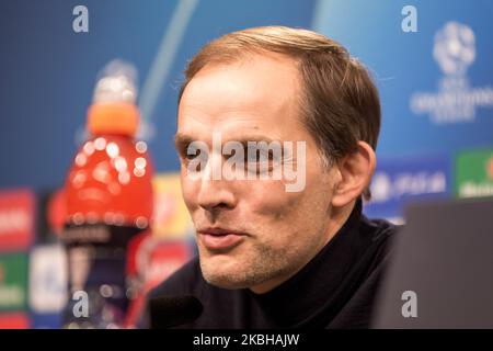 Thomas Tuchel, Cheftrainer der PSG bei der Pressekonferenz nach der UEFA Champions League, zuletzt 16, Erstligaspiel Borussia Dortmund gegen den FC Paris Saint-Germain in Dortmund, Deutschland, am 18. Februar 2020. (Foto von Peter Niedung/NurPhoto) Stockfoto