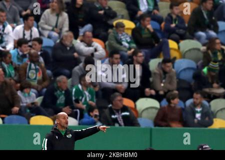 Der Cheftrainer von Sporting, Jorge Silas, ist am 20. Februar 2020 beim UEFA Europa League-Lauf zum ersten Fußballspiel der Fußball-Etappe 32 zwischen Sporting CP und Istanbul Basaksehir im Alvalade-Stadion in Lissabon, Portugal, mit Gesten unterwegs. (Foto von Pedro FiÃºza/NurPhoto) Stockfoto