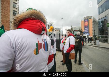 Traktoren und Bauern aus Litauen und den baltischen Ländern mit baltischen Bauern, nicht Second Class und nicht CAP Fairness auf ihren T-Shirts gedruckt, wie bei einer Demonstration - Protestaktion des European Milk Board, der Föderation der europäischen Milchbauern, Vor dem Gebäude der Europäischen Institutionen in Brüssel, Belgien außerhalb des Europäischen Rates auf dem während eines Sondergipfels des Europäischen Rates zur Erörterung des nächsten langfristigen Haushaltsplans der Europäischen Union (EU). 20. Februar 2020 (Foto von Nicolas Economou/NurPhoto) Stockfoto