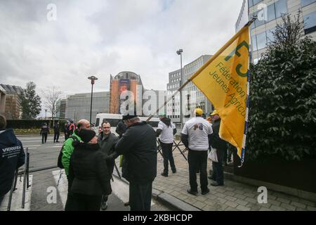 Traktoren und Bauern aus Litauen und den baltischen Ländern mit baltischen Bauern, nicht Second Class und nicht CAP Fairness auf ihren T-Shirts gedruckt, wie bei einer Demonstration - Protestaktion des European Milk Board, der Föderation der europäischen Milchbauern, Vor dem Gebäude der Europäischen Institutionen in Brüssel, Belgien außerhalb des Europäischen Rates auf dem während eines Sondergipfels des Europäischen Rates zur Erörterung des nächsten langfristigen Haushaltsplans der Europäischen Union (EU). 20. Februar 2020 (Foto von Nicolas Economou/NurPhoto) Stockfoto