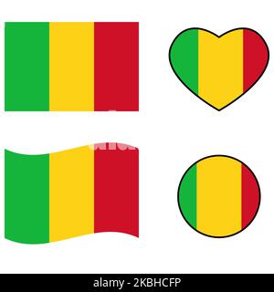 Winkende Flagge von Mail. Mali-Flagge auf weißem Hintergrund. Mali Flagge in Herzform. Flacher Stil. Stockfoto