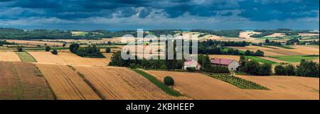 Ein wunderschönes Panorama auf den Westen von Roztocze. Hügelige Hügel, Felder und Wälder. Ein Bauernhof zwischen den Feldern. Roztocze ist als Polens Toskana bekannt. Hoszn Stockfoto