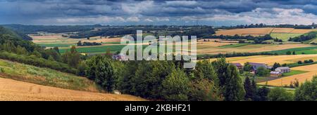 Ein wunderschönes Panorama auf den Westen von Roztocze. Hügelige Hügel, Felder und Wälder. Ein Bauernhof zwischen den Feldern. Roztocze ist als Polens Toskana bekannt. Hoszn Stockfoto