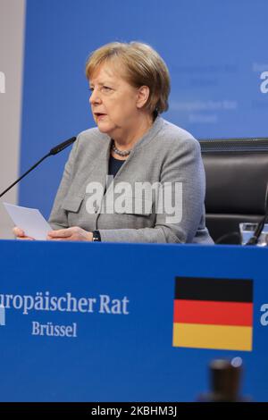 Bundeskanzlerin Angela Dorothea Merkel bei einer Pressekonferenz und Medienbesprechung nach dem zweiten Tag des Sondergipfels des Europäischen Rates EUCO, DES EURO-Spitzenpolitikgipfels - Treffen über die Verhandlungen über die zukünftige Planung des nächsten langfristigen Haushalts, Finanzrahmen der Europäischen Union für den Zeitraum 2021-2027. Brüssel, Belgien, 21. Februar 2020 (Foto von Nicolas Economou/NurPhoto) Stockfoto