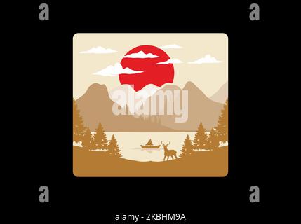 Landschaft der Bergansicht hinter dem See mit vielen Kiefern und einer Hirschdarstellung Stock Vektor
