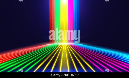 Abstrakt leuchtende Neonfarben Beleuchtung Linien Perspektive auf dunkelblauem Hintergrund. Vektorgrafik Stock Vektor