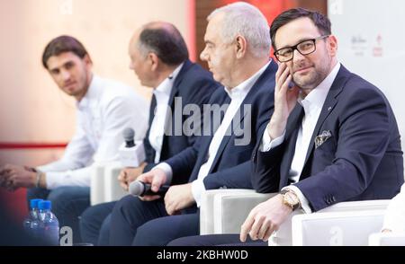 Antonio Giovinazzi,Frederic Vasseur,Jacek Sasin,Daniel Obajtek während der Präsentation des Alfa Romeo Racing Orlen Teams am Medientag des F1 Teams in Warschau, Polen, am 24. Februar 2020. (Foto von Foto Olimpik/NurPhoto) Stockfoto