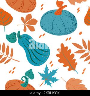 Nahtloses Muster aus stilisierten Herbstkürbissen mit Herbstblättern auf weißem Hintergrund. Herbst. Gemüse in kräftigen Farben. Halloween. Herbsternte. T Stock Vektor