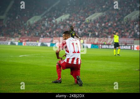 Athen, Griechenland. 03.. November 2022. YOUSSEF EL ARABI von Olympiacos FC während des UEFA Europa League-Gruppenspiel zwischen Olympiacos FC und FC Nantes am 3. November 2022 im Karaiskakis-Stadion in Athen, Griechenland. Kredit: Unabhängige Fotoagentur/Alamy Live Nachrichten Stockfoto