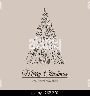 Text Frohe weihnachten und glückliches neues Jahr weihnachtsbaum aus weihnachtssymbolen Stock Vektor