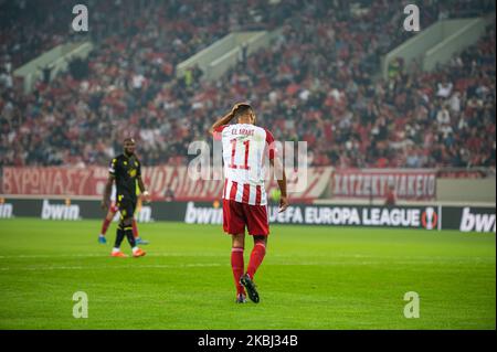 Athen, Griechenland. 03.. November 2022. YOUSSEF EL ARABI von Olympiacos FC während des UEFA Europa League-Gruppenspiel zwischen Olympiacos FC und FC Nantes am 3. November 2022 im Karaiskakis-Stadion in Athen, Griechenland. Kredit: Unabhängige Fotoagentur/Alamy Live Nachrichten Stockfoto