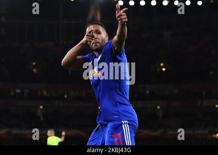 Youssef El-Arabi von Olympiacos feiert am Donnerstag, dem 27.. Februar 2020, das zweite Tor seines Teams beim Spiel der UEFA Europa League zwischen Arsenal und Olympiacos F.C. im Emirates Stadium, London. (Foto von Ivan Yordanov/MINews/NurPhoto) Stockfoto