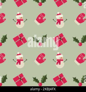 weihnachtsmuster mit Schneemann-Geschenken weihnachtsbeere und Fäustlinge Stock Vektor