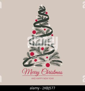 Text Frohe weihnachten und frohes neues Jahr Baum in handgezeichneter Stil Stock Vektor