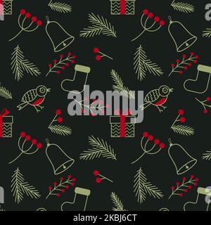 Weihnachtsmuster Winterbeeren auf Ästen Vögel Socken Weihnachtsmann Geschenke Glocke Stock Vektor