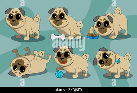 Lustiger Mops in verschiedenen Posen für Illustrator Stock Vektor