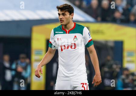 Stanislav Magkeyev von Lokomotiv Moskau schaut am 29. Februar 2020 in der Gazprom Arena in Sankt Petersburg, Russland, beim Spiel der russischen Premier League zwischen dem FC Zenit Sankt Petersburg und dem FC Lokomotiv Moskau auf. (Foto von Mike Kireev/NurPhoto) Stockfoto