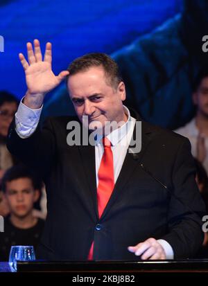 Der israelische Außenminister, Israel Katz, spricht vor der Ankunft von Premierminister Benjamin Netanjahu bei einer Likud-Parteiversammlung in Ramat Gan, vor den bevorstehenden Wahlen, am 2.. März. Am Samstag, den 29. Februar 2020, in Ramat Gan, Tel Aviv, Israel. (Foto von Artur Widak/NurPhoto) Stockfoto