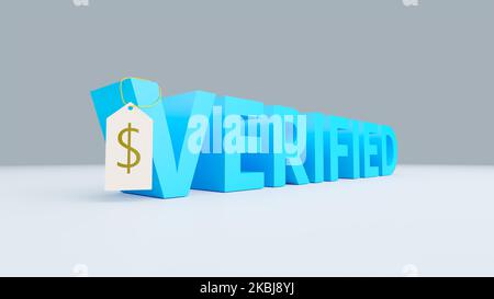 Big Blue 3D VERIFIZIERTER Text mit Preisschild baumelt. Grauer Hintergrund. 3D Rendern Stockfoto