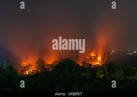 Eine Langzeitaufnahme zeigt einen Waldbrand im Dorf Rumbai Pesisir in der Provinz Riau, Indonesien, am 1. März 2020. Indonesiens Brände stellen seit Jahrzehnten ein jährliches Problem dar, die Brände und der Dunst sind größtenteils von Menschen verursacht, ein Großteil davon die Verbrennung von Wäldern für mehr Palmölplantagen (Foto: Afrianto Silalahi/NurPhoto) Stockfoto