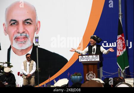 Der afghanische Präsident Ashraf Ghani spricht während einer Versammlung am 3. März 2020 in Jalalabad, Afghanistan. (Foto von Wali Sabawoon/NurPhoto) Stockfoto