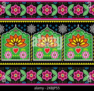 Pakistanische oder indische LKW-Kunst nahtlose Vektor-Muster mit Lotusblumen und Blättern, Hintergrund inspiriert von Jingle Lastwagen Stock Vektor