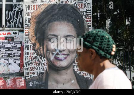 Eine Hommage an Marielle Franco vom Künstler Luis Xeno, ist am 13. März 2020 in der Stadt Sao Paulo zu sehen. Am 14. März jährt sich zum zweiten Mal der Tod von Stadträtin Marielle Franco und Fahrer Anderson Gomes, die in der Innenstadt von Rio de Janeiro zu Tode geschossen wurden. (Foto von Fabio Vieira/FotoRua/NurPhoto) Stockfoto