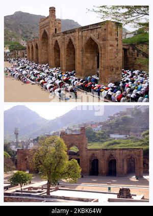 (HINWEIS DER REDAKTION: Bild ist ein digitaler Verbund) die zweiteilige Bilderkombination zeigt, dass indische muslimische Anhänger am 18. März 2020 in Ajmer, Rajasthan, Indien, Freitagsgebete in der Adhai-DIN Ka Jhonpra Moschee (oben) und der Adhai-DIN Ka Jhonpra Moschee, die wegen der Ausbreitung des neuartigen COVID-19-Coronavirus für Besucher geschlossen wurde (unten). (Foto von STR/NurPhoto) Stockfoto