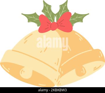 Goldene Glocke mit roter Schleife im Cartoon-Flat-Stil. Handgezeichnete Vektordarstellung des Weihnachtssymbols. Stock Vektor