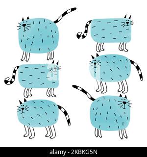 Set von lustigen blauen Doodle Katzen. Niedliche Cartoon fette Haustiere. Eine Sammlung von coolen Cliparts für die Gestaltung von Grußkarten, Stickern, Babyprodukten. Schöne Drucke für Kinderkleidung. Stock Vektor