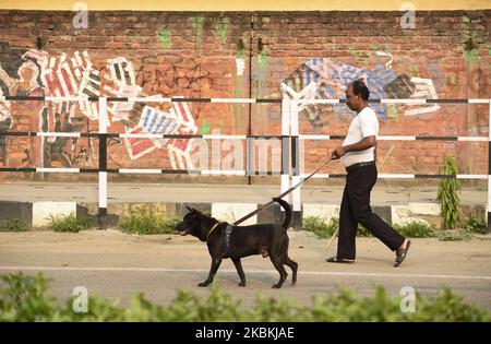 Ein Mann mit seinem Hund, der am 26. März 2020 in Guwahati, Assam, Indien, während der von der indischen Regierung als vorbeugende Maßnahme gegen das COVID-19-Coronavirus verhängten Sperre auf der Straße unterwegs war. (Foto von David Talukdar/NurPhoto) Stockfoto