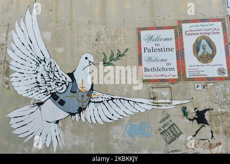 Die gepanzerte Friedenstaube neben anderen politischen und sozialen Wandmalereien und Graffitis an der Wand, die Israel und das Westjordanland in Bethlehem trennte. Am Donnerstag, den 5. März 2020, in Bethlehem, Palästina (Foto: Artur Widak/NurPhoto) Stockfoto