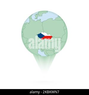 Karte der Tschechischen Republik, stilvolles Standortsymbol mit Karte und Flagge der Tschechischen Republik. Grünes Pin-Symbol. Stock Vektor