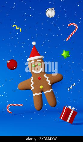 Weihnachts-Cookie Lebkuchenmann in Santa Hut Schnee Website Banner 3D Rendering blauen Hintergrund. Werbung für Weihnachtsfeiern. Neujahrskarte Festi Stockfoto
