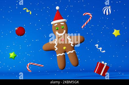 Weihnachts-Cookie Lebkuchenmann in Santa Hut Schnee Website Banner 3D Rendering blauen Hintergrund. Werbung für Weihnachtsfeiern. Neujahrskarte Festi Stockfoto