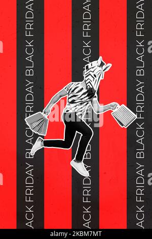 Collage Foto von kopflosen Kerl Zebra Maske läuft neuen Kauf halten Taschen großen Verkauf Herbst Saison schwarzen freitag Kleidung auf hellen Hintergrund isoliert Stockfoto