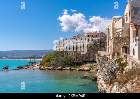 Panoramablick auf die Touristenstadt Vieste mit ihrem Meer. Vieste, Provinz Foggia, Apulien, Italien, Europa Stockfoto