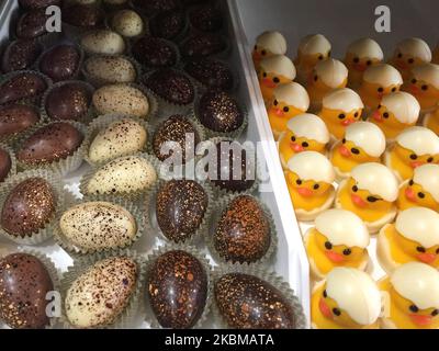 Elegante Osterküken und Eier aus Schokolade in einem Chocolatiers-Shop in Unionville, Ontario, Kanada. (Foto von Creative Touch Imaging Ltd./NurPhoto) Stockfoto