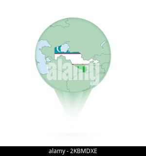 Usbekistan Karte, stylisches Positionssymbol mit Usbekistan Karte und Flagge. Grünes Pin-Symbol. Stock Vektor