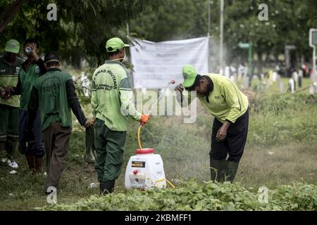 Die Provinzregierung von Jakarta hat am 26. März 2020 ein standardmäßiges Begräbnisverfahren zur Beerdigung von Covid-19-Opfern erlassen. Mitarbeiter des Bestattungsdienstes und Familien des Verstorbenen, die an der Beerdigung teilnehmen, müssen Schutzkleidung einschließlich N95 Masken, Einweg-Schutzanzüge und Handschuhe tragen. Die Verfahren werden auch bei Begräbnissen von Patienten unter Beobachtung angewendet, die sterben, bevor sie auf Covid-19 getestet werden können. (Foto von Mas Agung Wilis/NurPhoto) Stockfoto