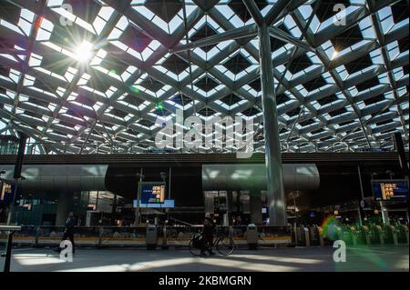 Der Hauptbahnhof in Den Haag ist während der Hauptverkehrszeit aufgrund der Corona-Situation in Den Haag, Niederlande, am 17.. April 2020 völlig leer. (Foto von Romy Arroyo Fernandez/NurPhoto) Stockfoto