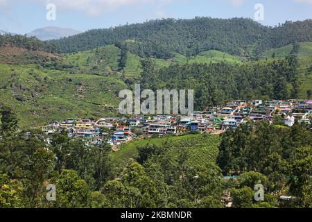 Malerische Stadt Munnar in Idukki, Kerala, Indien am 17. Februar 2019. Munnar ist eine Stadt- und Bergstation im Idukki-Viertel des südwestlichen indischen Staates Kerala. Munnar liegt auf rund 1.600 Metern (5.200 Fuß) Höhe über dem Meeresspiegel, in der Western Ghats Bergkette. Munnar wird auch als „Kaschmir Südindiens“ bezeichnet und ist ein beliebtes Ziel für Flitterwochen. (Foto von Creative Touch Imaging Ltd./NurPhoto) Stockfoto