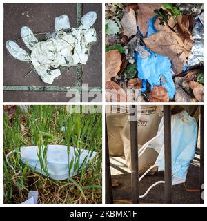 Eine Bildkomposition zeigt Schutzmasken und Handschuhe gegen Covid-19, die am 24. April 2020 in den Straßen der Stadt Straßburg, Frankreich, aufgegeben werden. (Foto von Elyxandro Cegarra/NurPhoto) Stockfoto