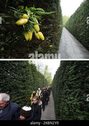 Eine Bildkombination mit oben platzierten Blumen, die das Nationale Dachau-Denkmal zur Erinnerung an 75 Jahre Holocaust-Opfer während der Coronavirus-Pandemie am 29. April 2020 in Amsterdam, Niederlande, und die Mitglieder der jüdischen Gemeinde passieren das Nationale Dachau-Denkmal im Jahr 2019. Jedes Jahr wurden die holländischen ehemaligen Häftlinge des Konzentrationslagers Dachau, die Befreiung des Lagers durch amerikanische Einheiten, von 1933 bis 1945, insgesamt 206.000 Gefangene in Dachau untergebracht, darunter mehr als 2.000 Holländer. Offizielle Zahlen sprechen von 31.591 Todesfällen. (Foto von Paulo Amorim/NurPhoto) Stockfoto