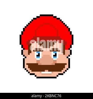 Mustachioed Klempner Gesicht Pixel Art. 8 Bit Vektor-Illustration Stock Vektor